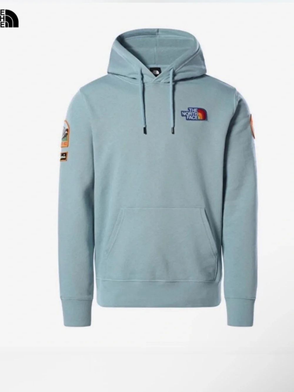 The North Face Light Blue Pullover Hoodie with Logo Patches